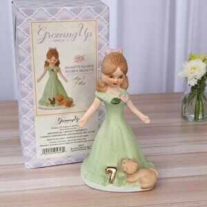 Enesco Growing Up Birthday Girls Figurine Age 7 Brunette With Puppy